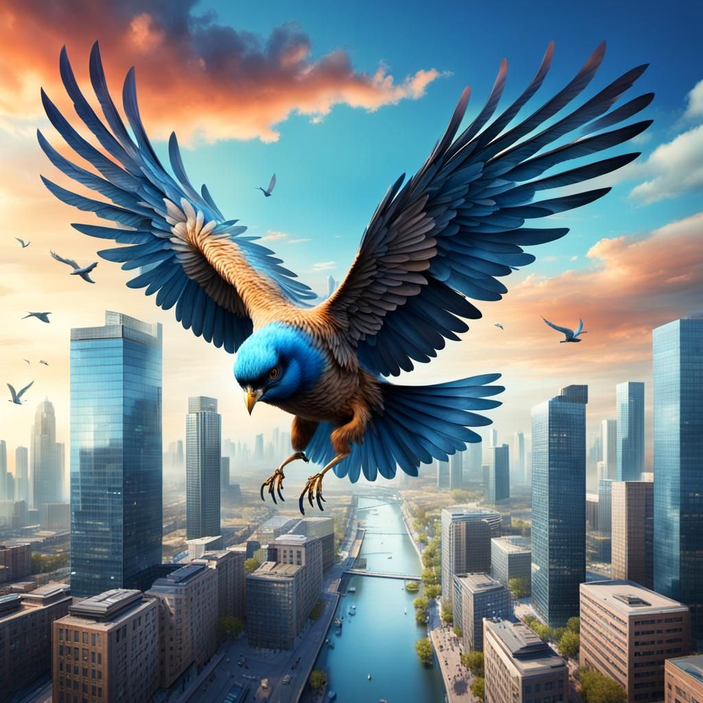 Fantasy Bird Soaring Over Modern City
