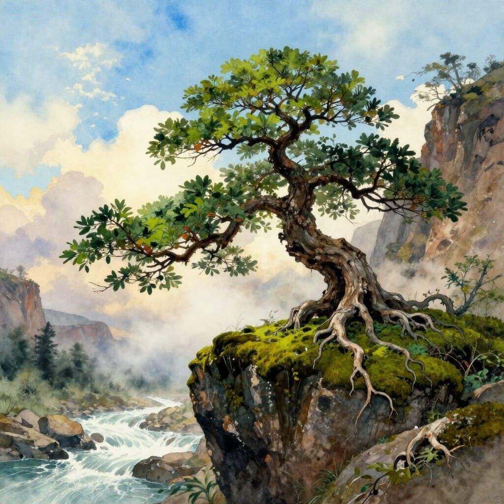 Ancient Bonsai Oak on Cliff Against Dreamlike Sky