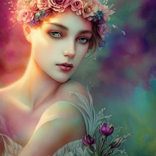 Ethereal Flower Girl Portrait in Watercolor Style