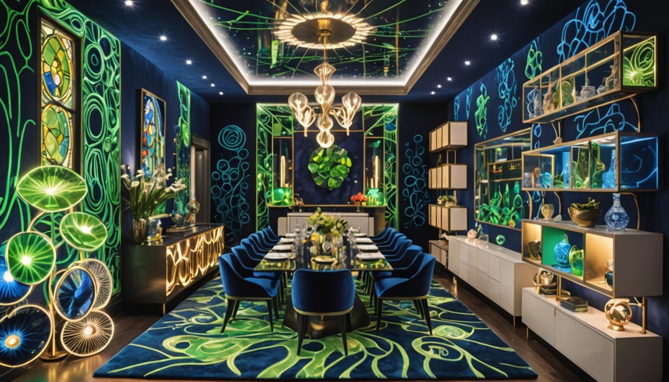 Whimsical Futuristic Dining Room with Bioluminescent Floor