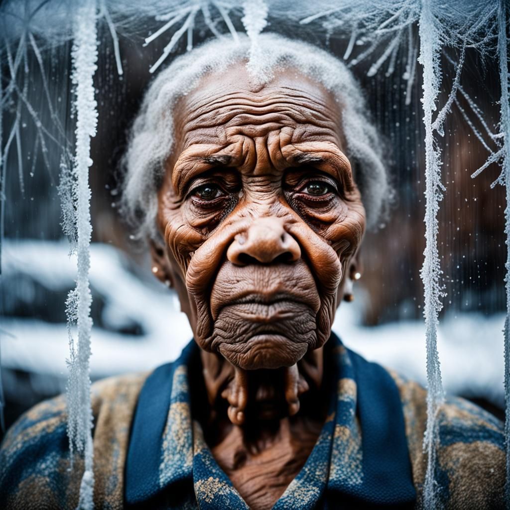 Sad Eyes of Elderly Woman Through Frozen Window