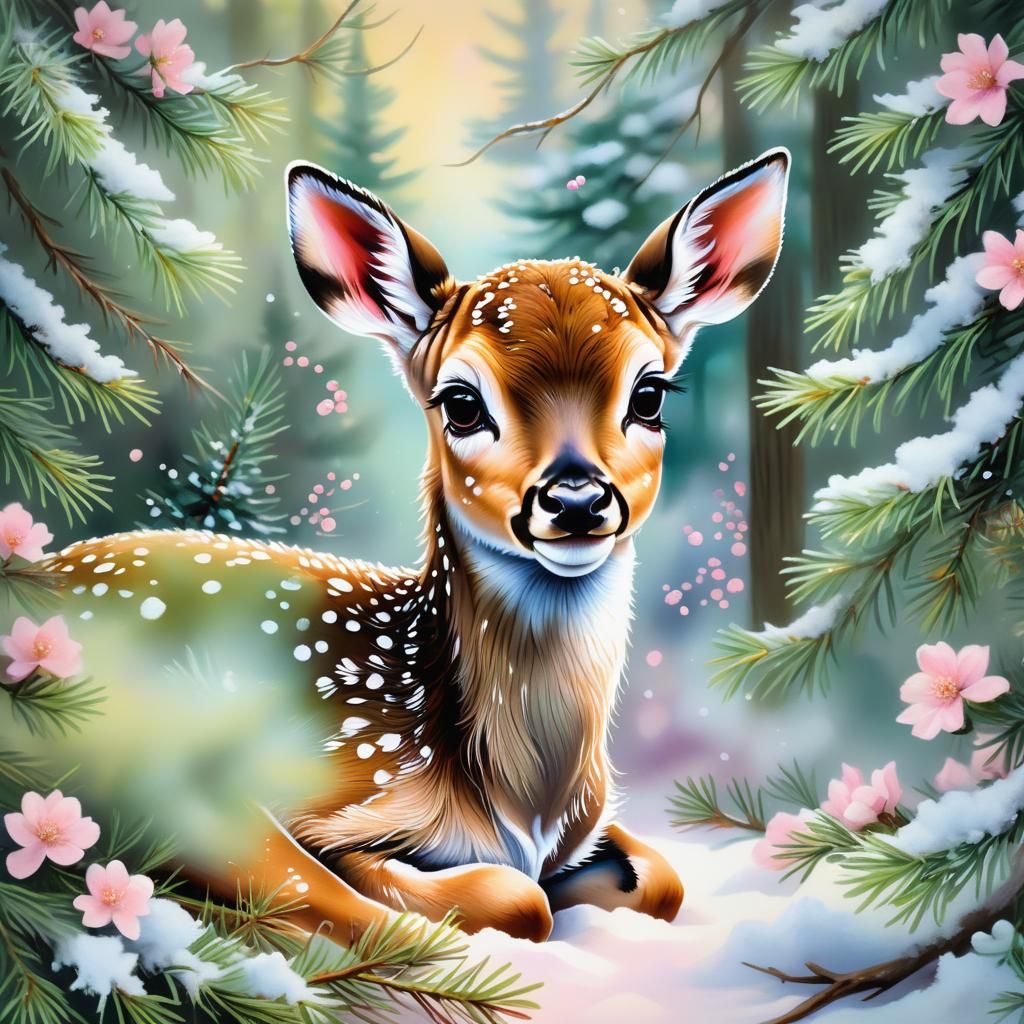 Pastel Fawn in Winter Scene, Airbrushed Oil Painting