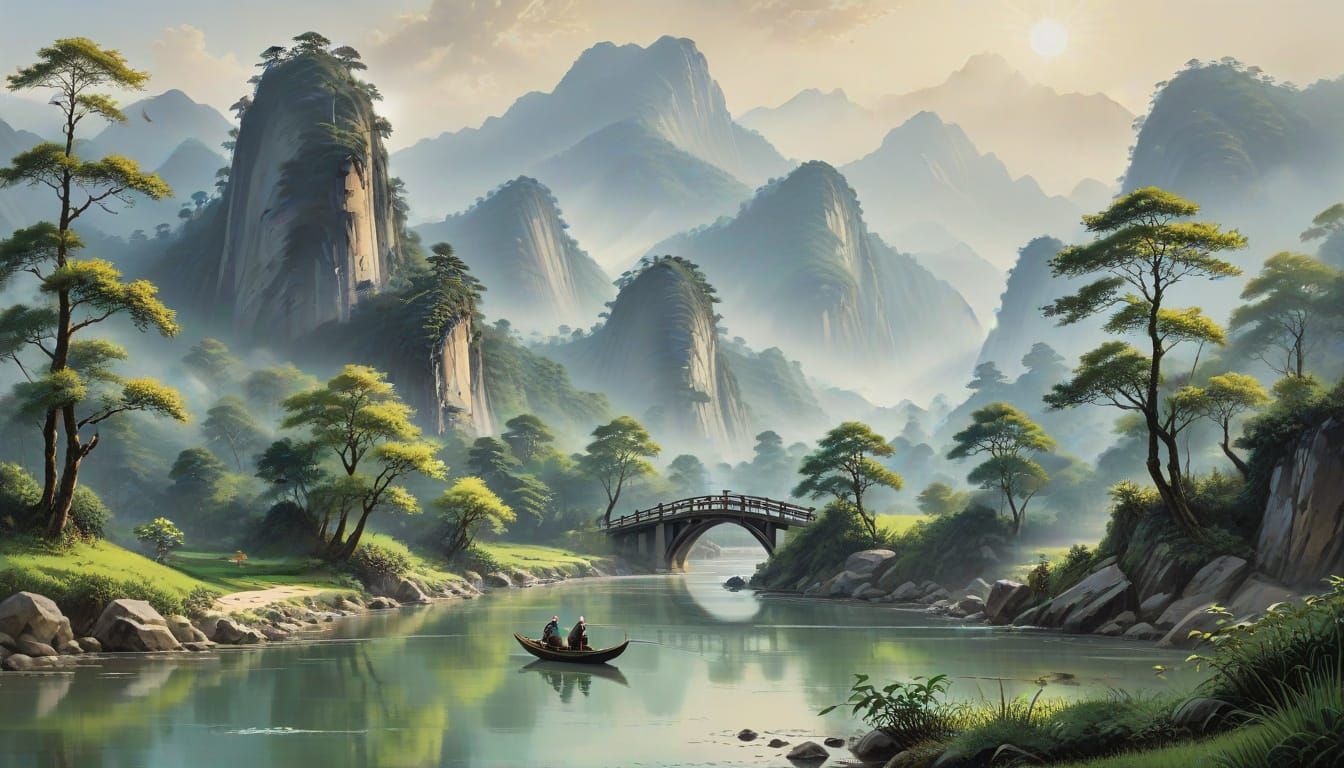 Serene Shanshui Mountain Landscape with Pagoda and River