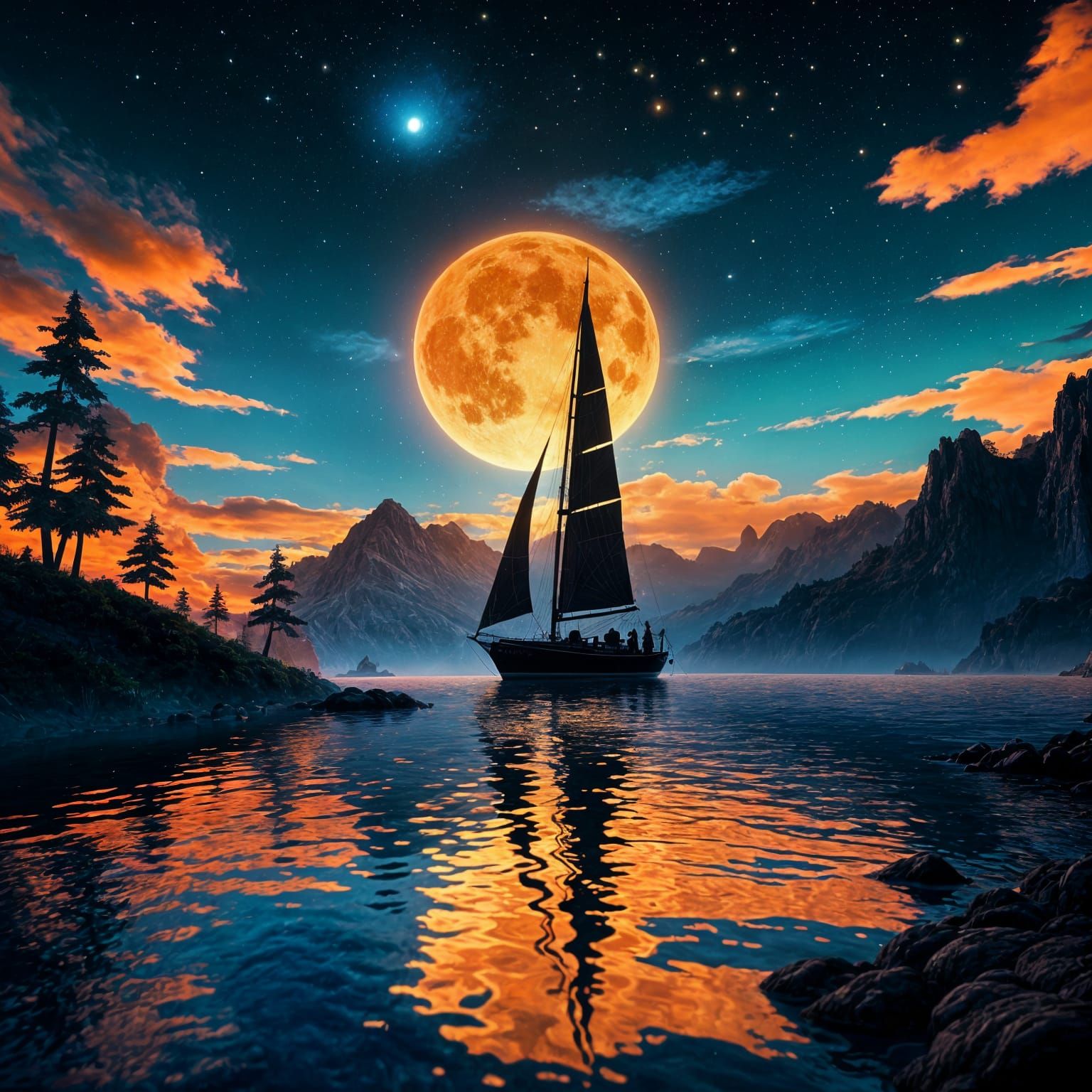 Sailboat Silhouette at Neon Sunset in 3D