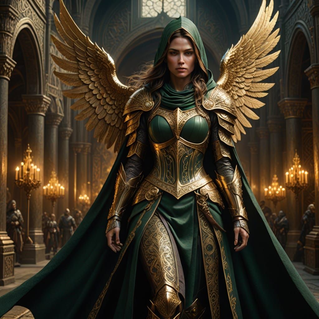 Ethereal Fantasy Warrior Woman with Golden Wings and Intrica...