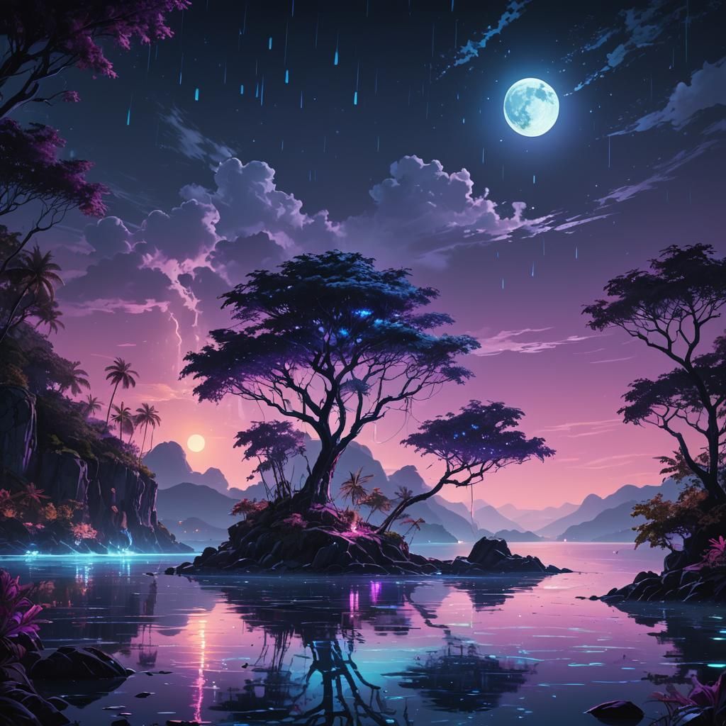 Moonlit Island Fantasy Concept Art in Neon Blue