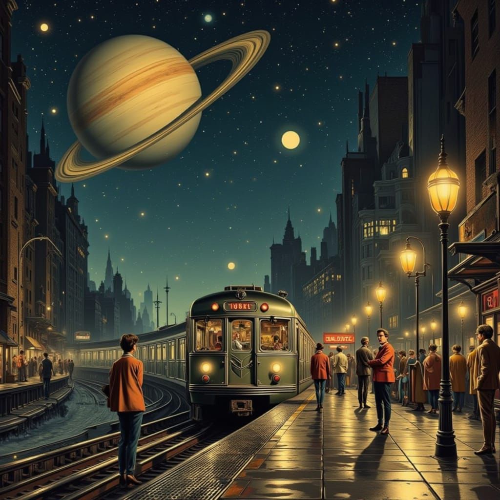 Vintage Subway at Night with Saturn in Outer Space