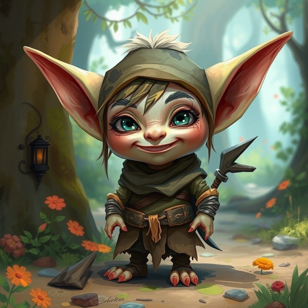 Adorable Chibi Goblin in Whimsical Forest, Digital Art