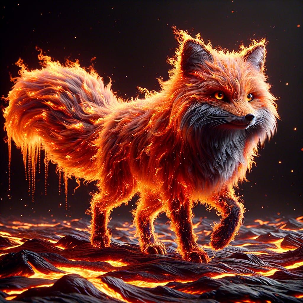 Adorable Fox Made of Orange Flames Walks Under Night Sky