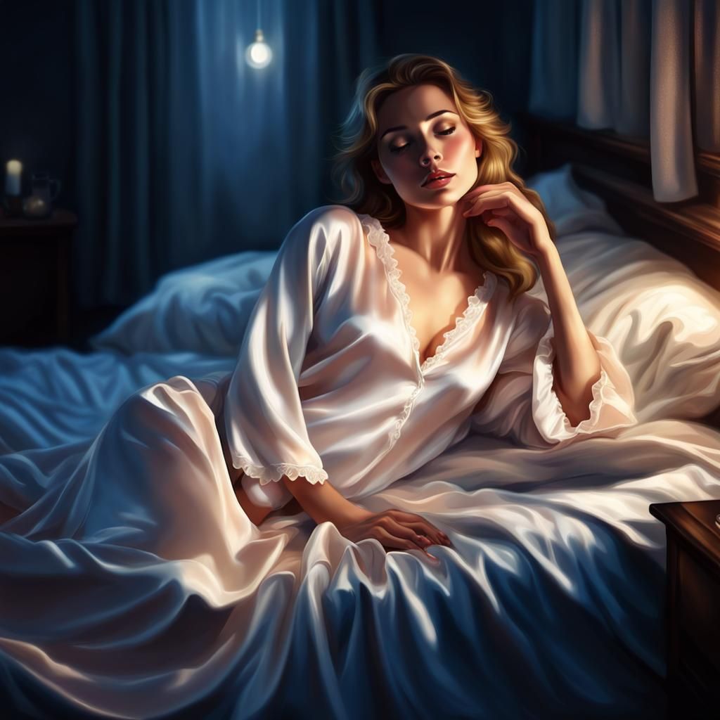 Moonlit Woman in Silk Nightgown, Realistic Style