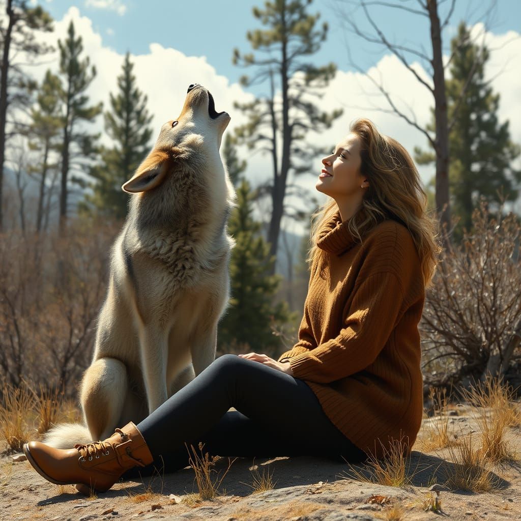a woman in a brown sweater sitting outdoors beside a howling...