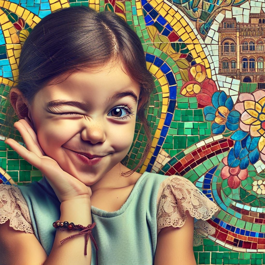 Playful Girl with Art Nouveau Mosaic Background