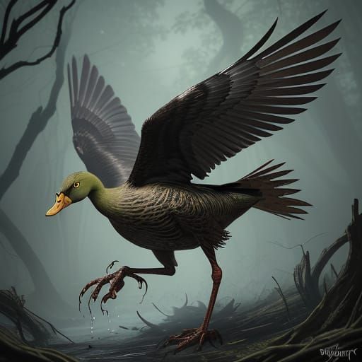 Grotesque Duck Predator with Mucous Ropes in Swamp
