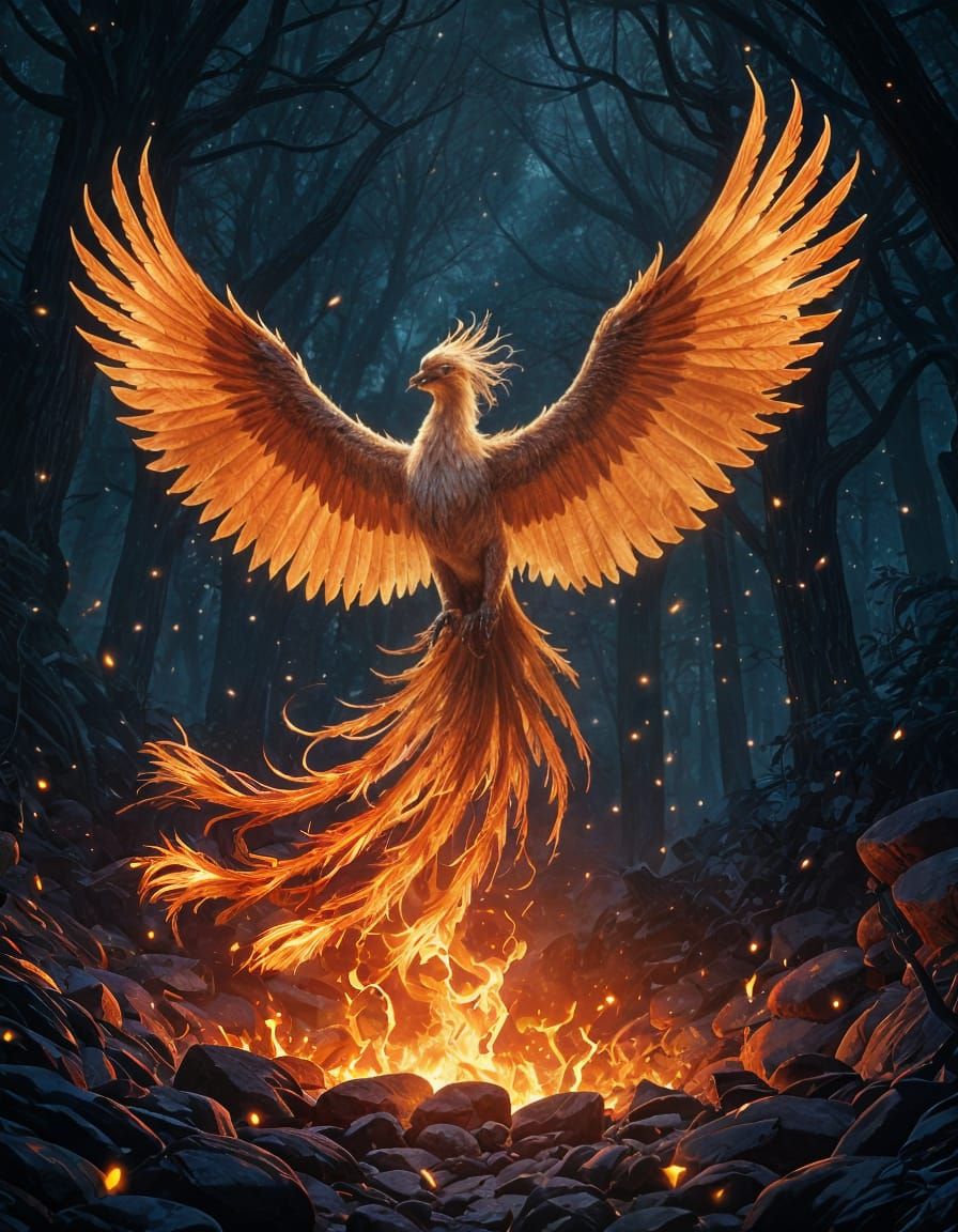 Majestic Phoenix Rises from Embers in Mystical Forest