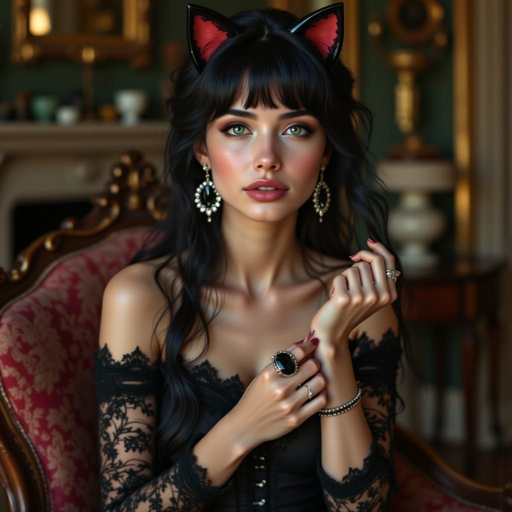 Woman Admires Whitby Jet Jewelry in Mansion