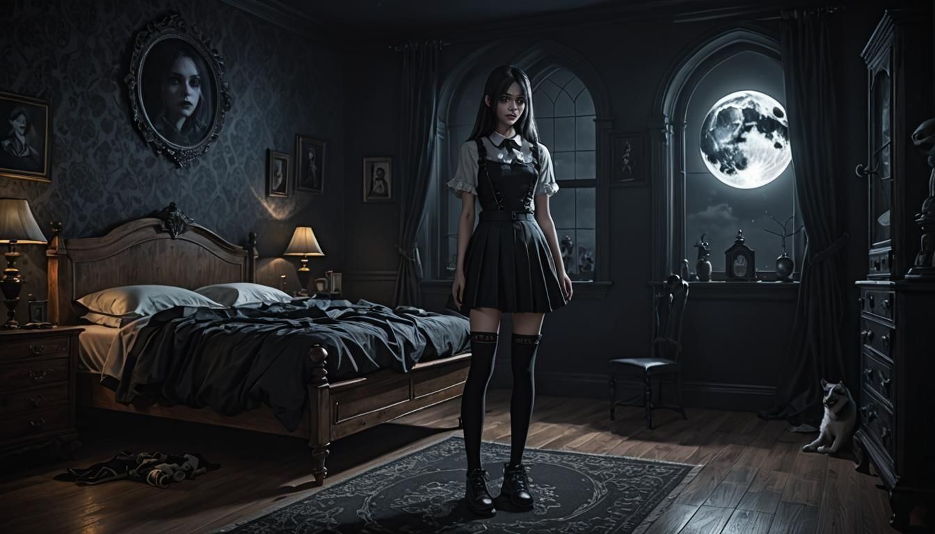 Photorealistic Girl in Gothic Bedroom Under Moonlight