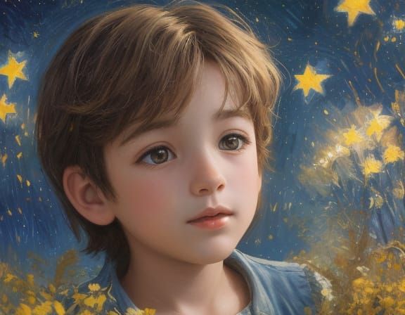 Child Boy Playing Under Starry Night Sky