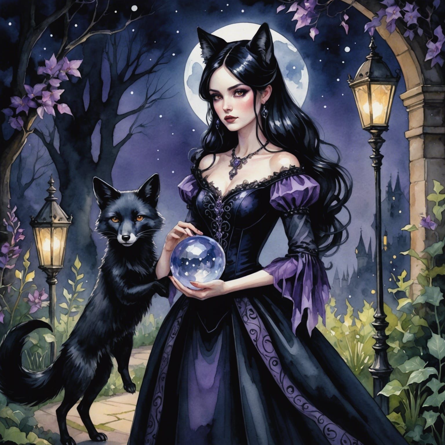 Gothic Fox Woman with Light in Watercolor Style