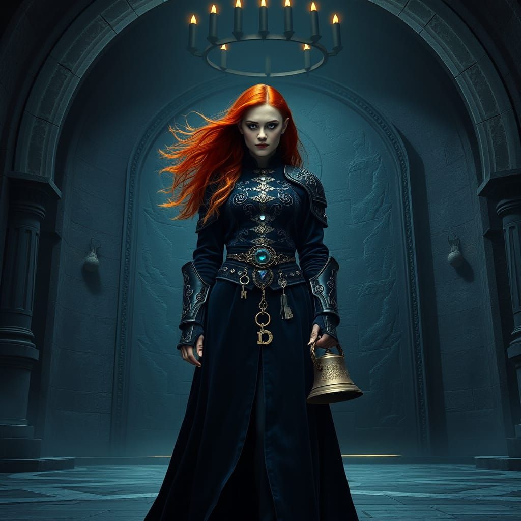 Mysterious Redhead Woman in Stone Chamber, Dreamlike Art