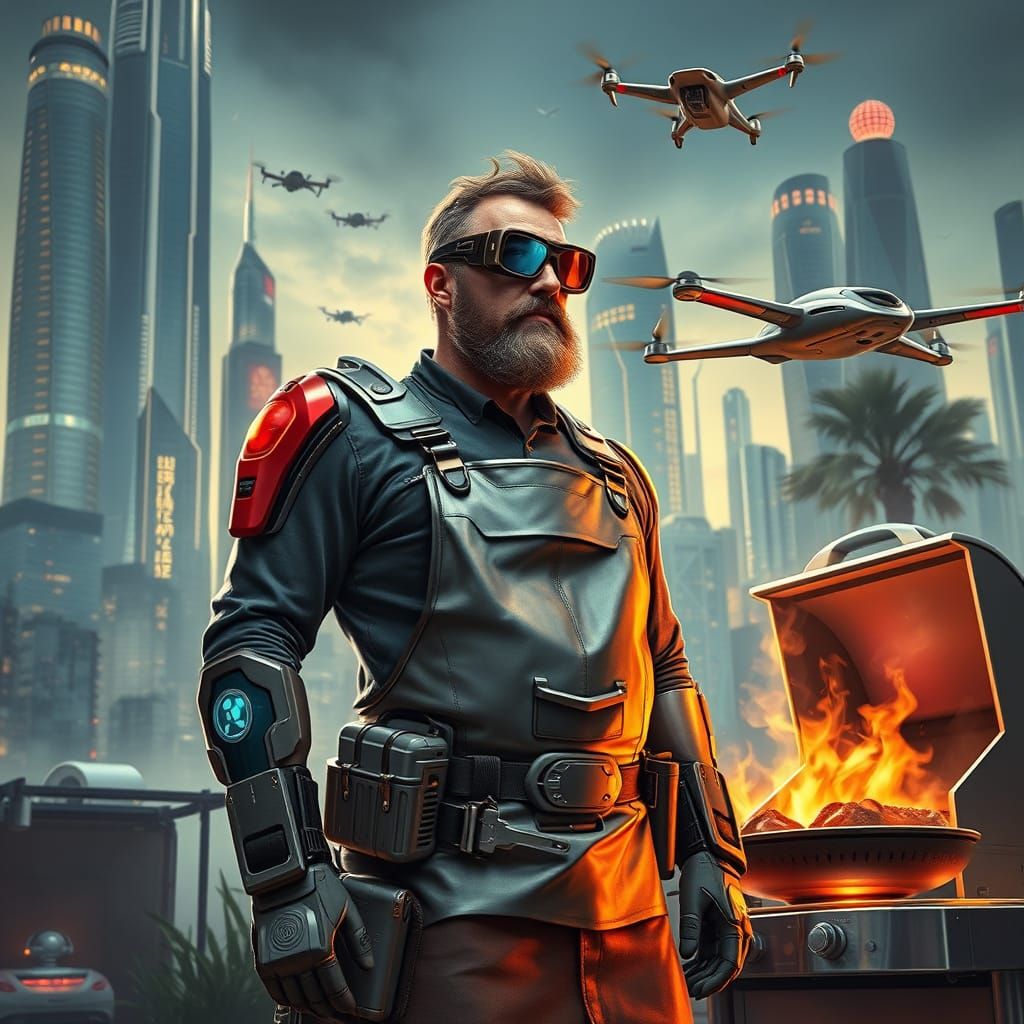 Futuristic Dad with BBQ Drone in Cyberpunk Style