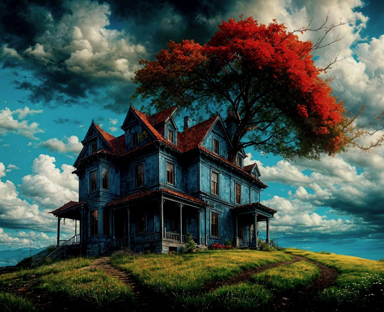Surreal Dreamscape: Red-Lit House in Green Landscape