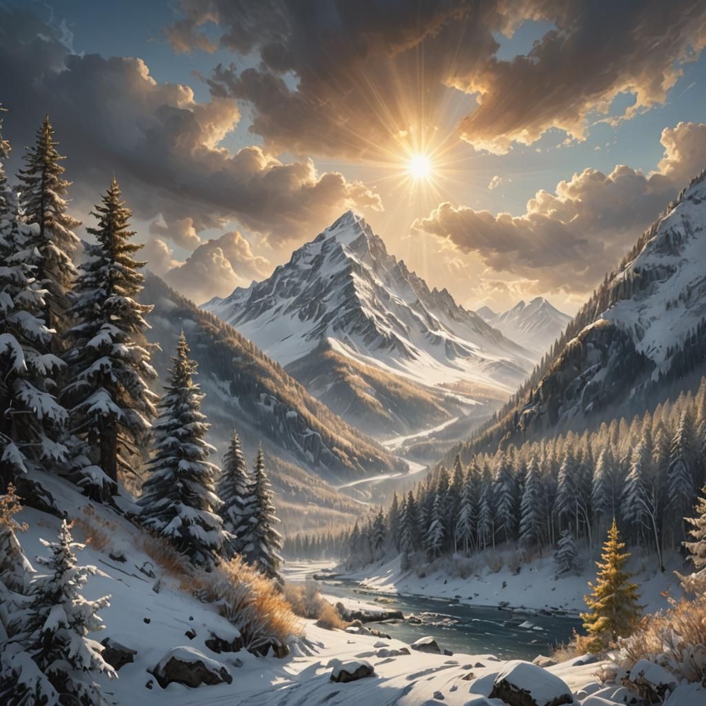 Hyperrealistic Winter Wonder Scene with Majestic Mountain an...