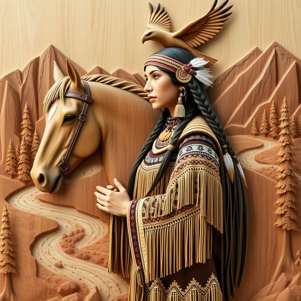 Wood Carving of Native American Girl with Horse and Eagle in...
