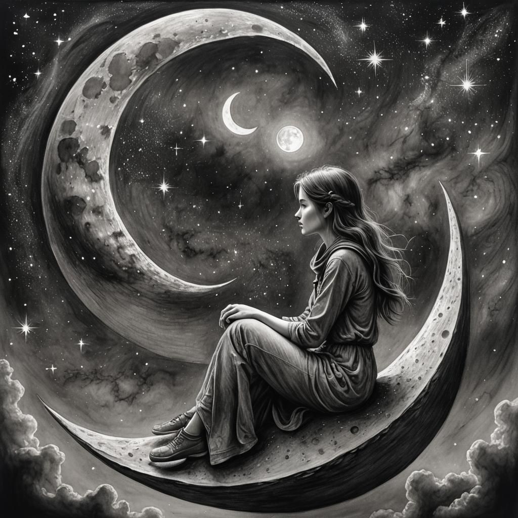 Girl on the Moon: Hyperdetailed Charcoal Drawing