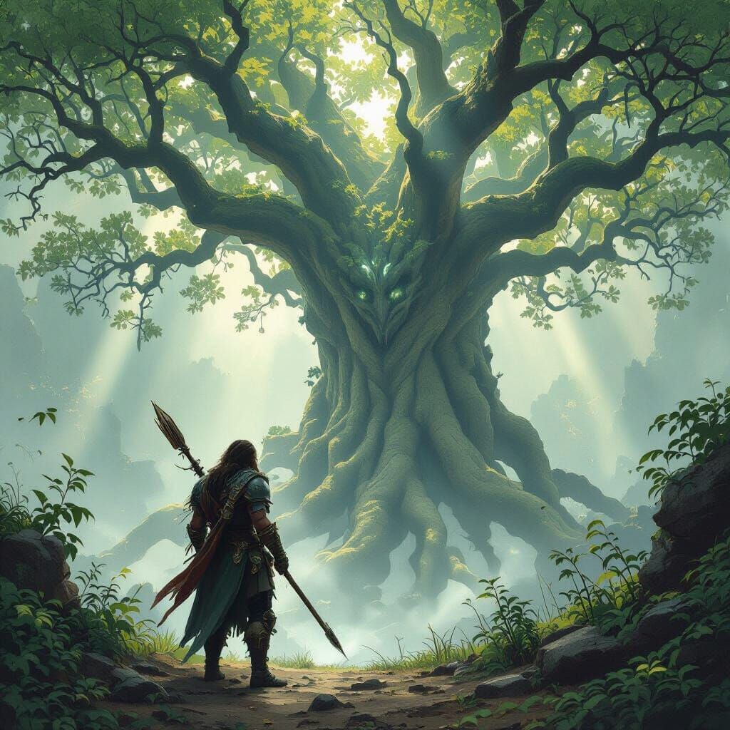 Reverent Warrior in Ancient Forest, Dramatic Lighting