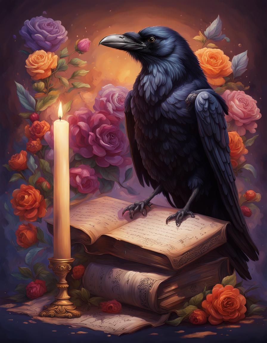 Dark Academia Raven on Poetry Scroll