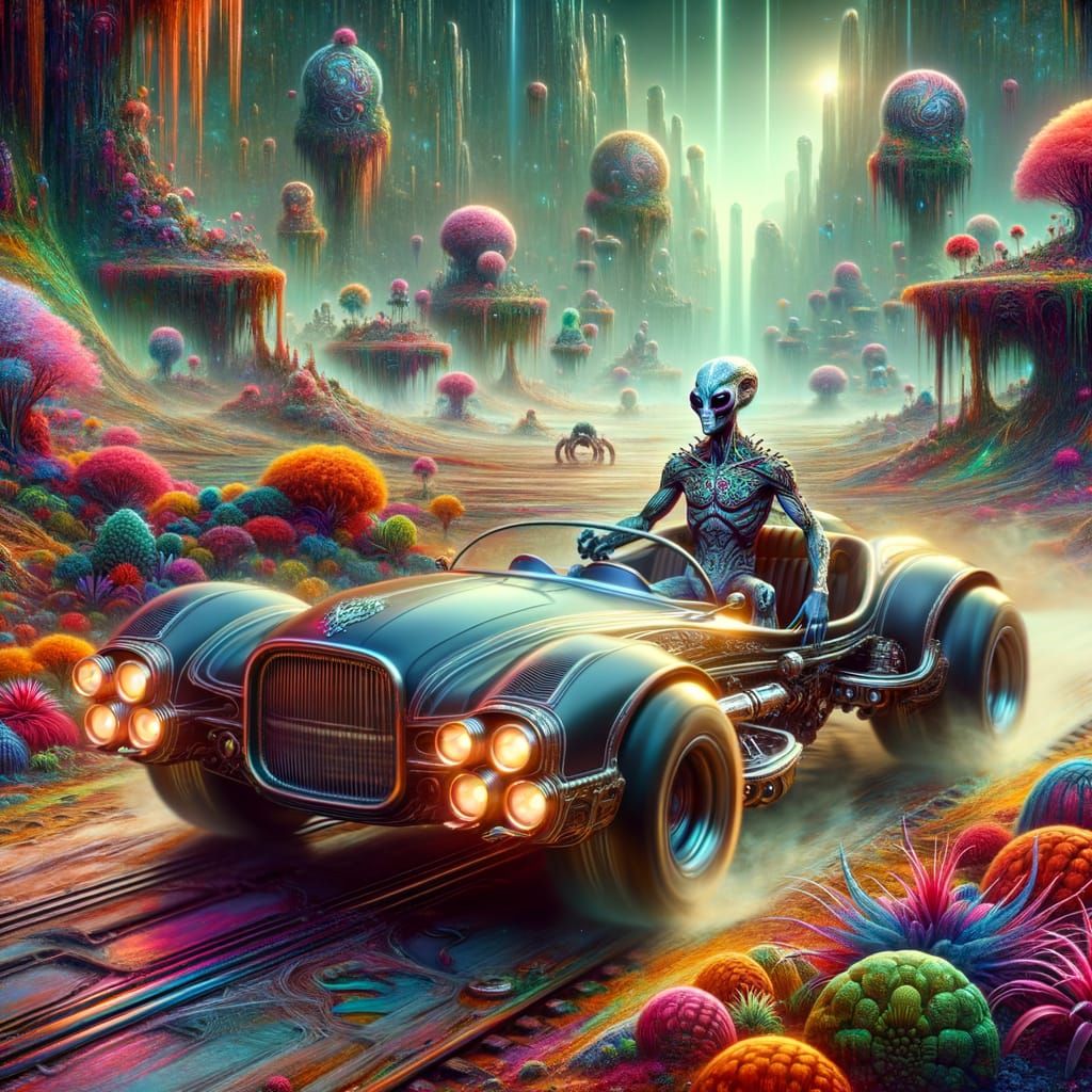 Tattooed Alien Drives Convertible on Alien Planet