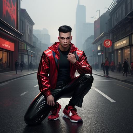 Gay Muscle Man Kneeling in Street: Detailed Matte Painting