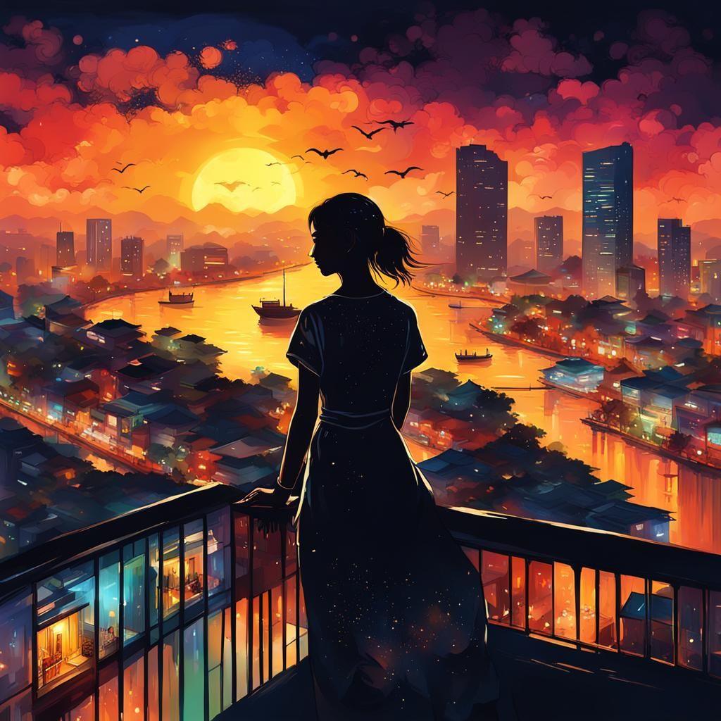 Saigon Night: Alluring Silhouette in Hyperrealistic Splash A...