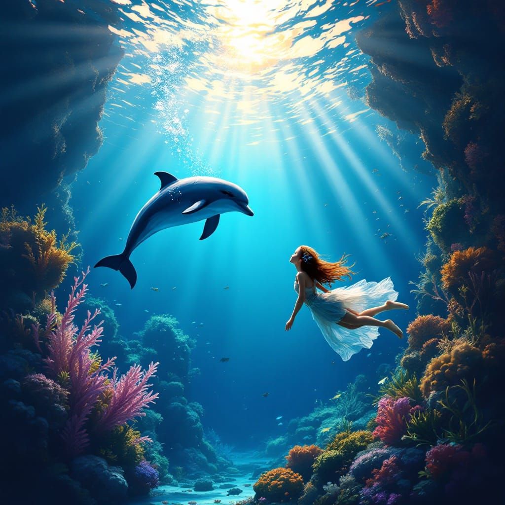 Vibrant Underwater Encounter of Dolphin and Diver