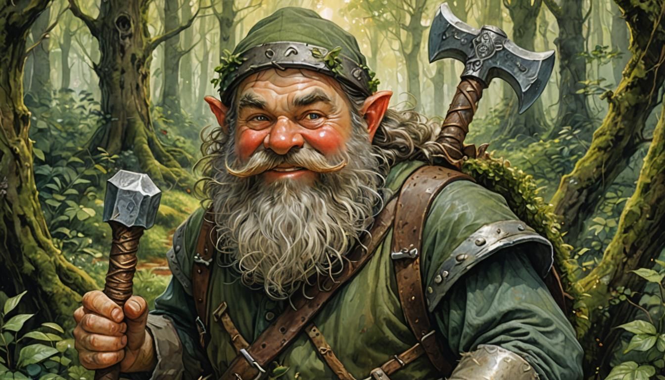 Happy Dwarf in Lush Forest, Whimsical Illustration
