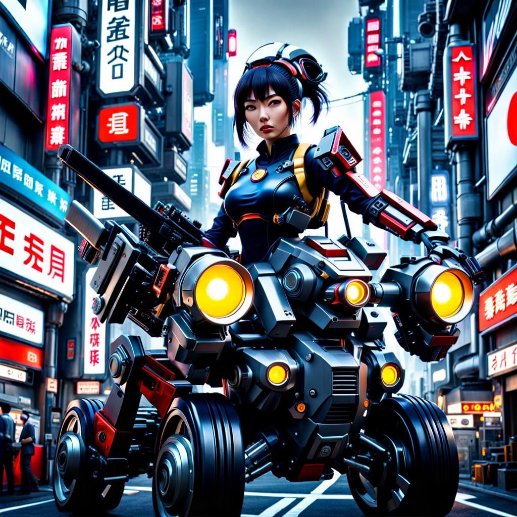 Cyberpunk Girl Rides Her Robot Mech in HDR