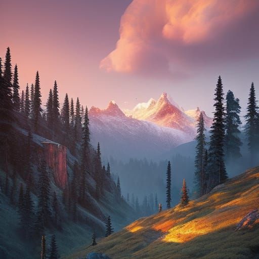 Cinematic Mountain Twilight: Photorealistic Digital Illustra...
