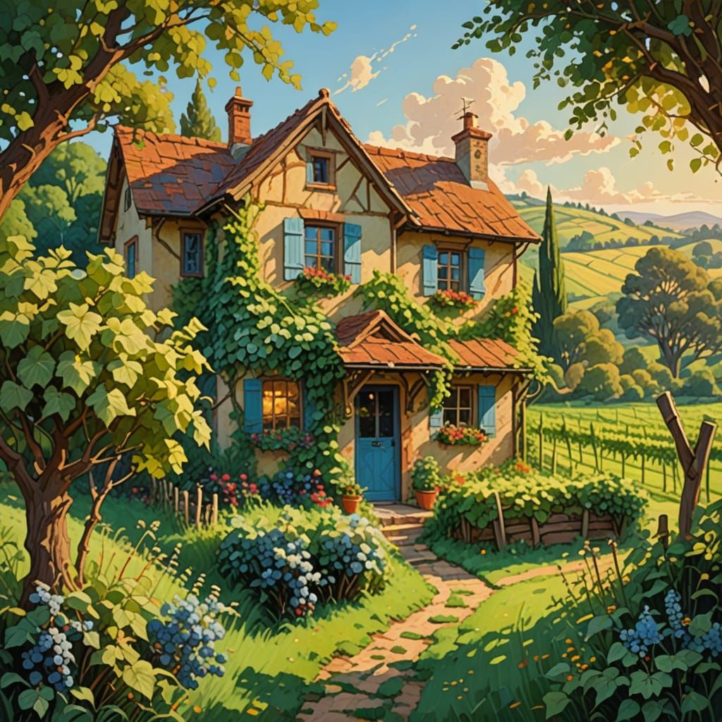 Cozy Vineyard Cottage in Golden Hour Light