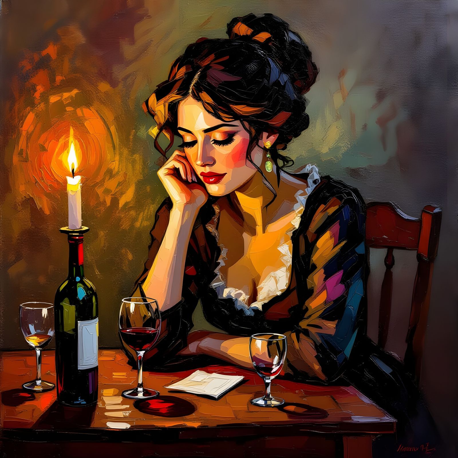 Impasto Painting of Lady at Desk with Wine