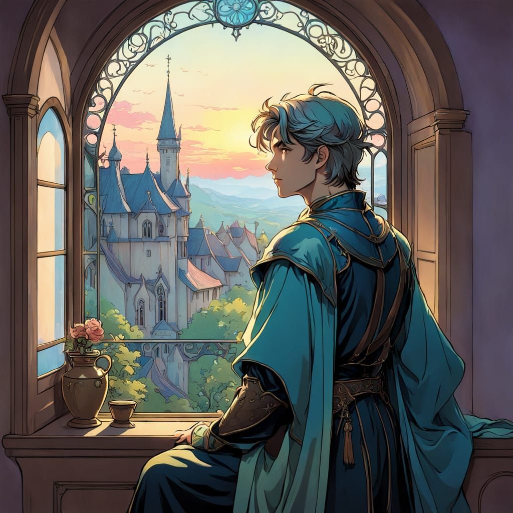 Medieval Boy Contemplates Dawn in Pastel Hues