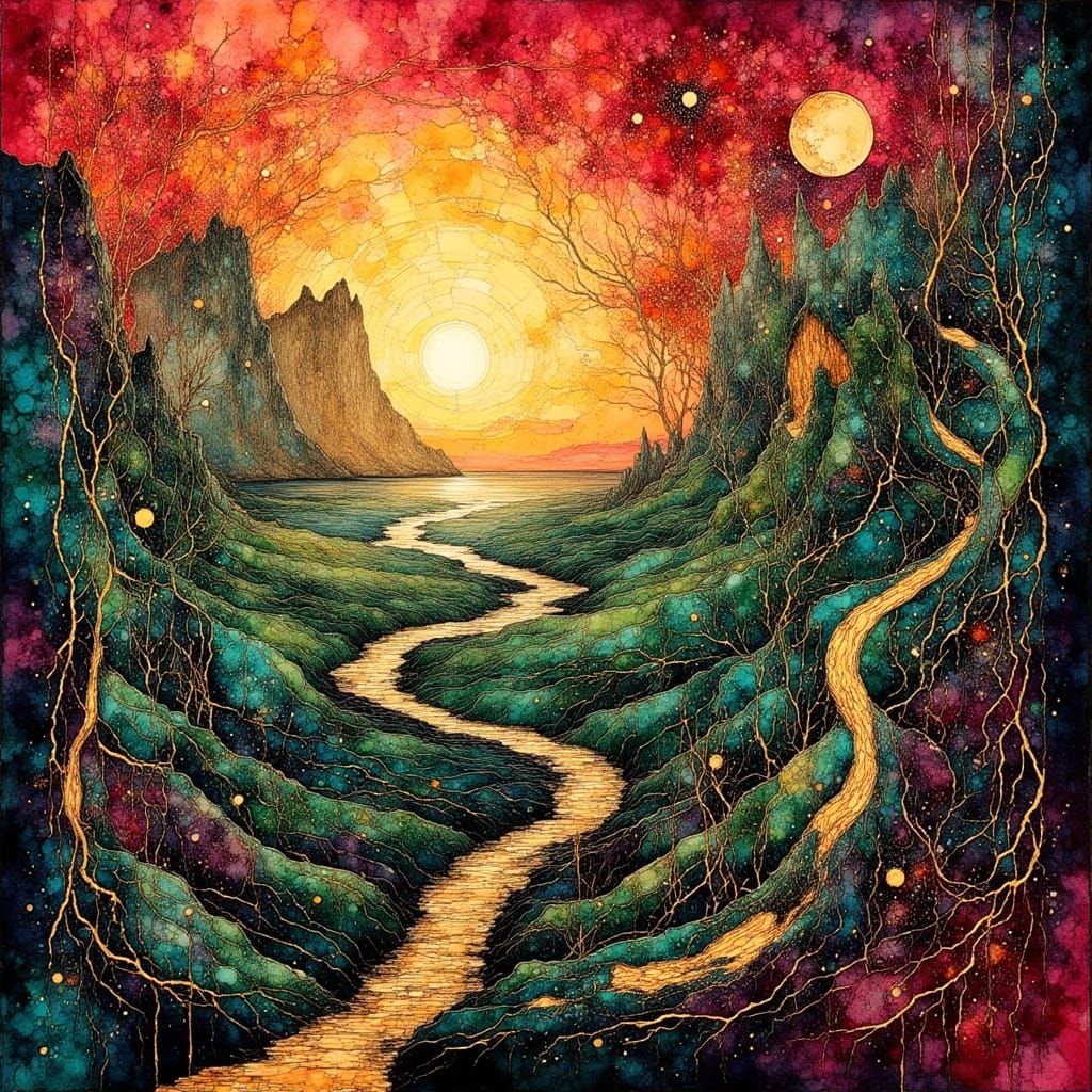 Abstract Celtic Art with Red, Green, and Gold Patterns