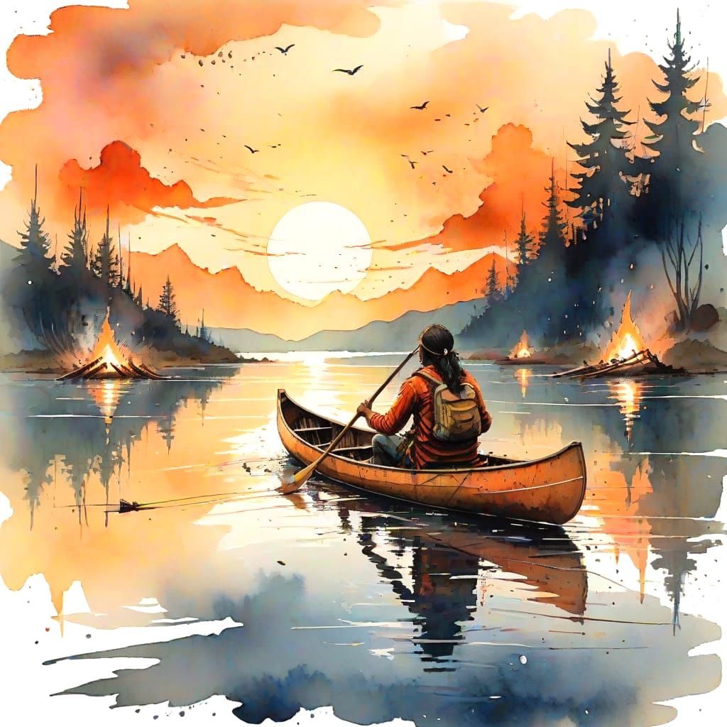 Canoeing at Sunset: Vintage Watercolour Illustration