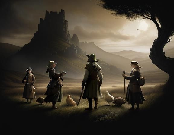 Female Hobbit with Hens in Earthy Sepia Tones