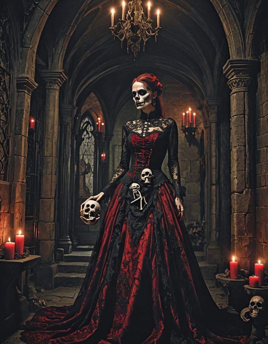 Eerie Gothic Woman with Skeleton Girl in Dark Chamber