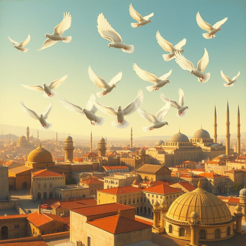 Serenity in Ottoman-Style Miniature Painting over Damascus