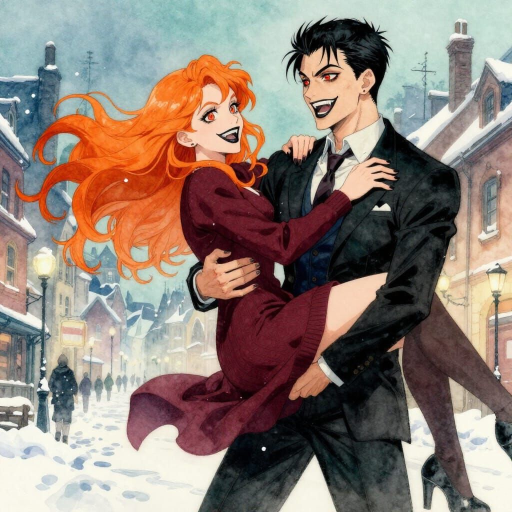Demonic Couple's Joyful Winter Reunion in Watercolor Style