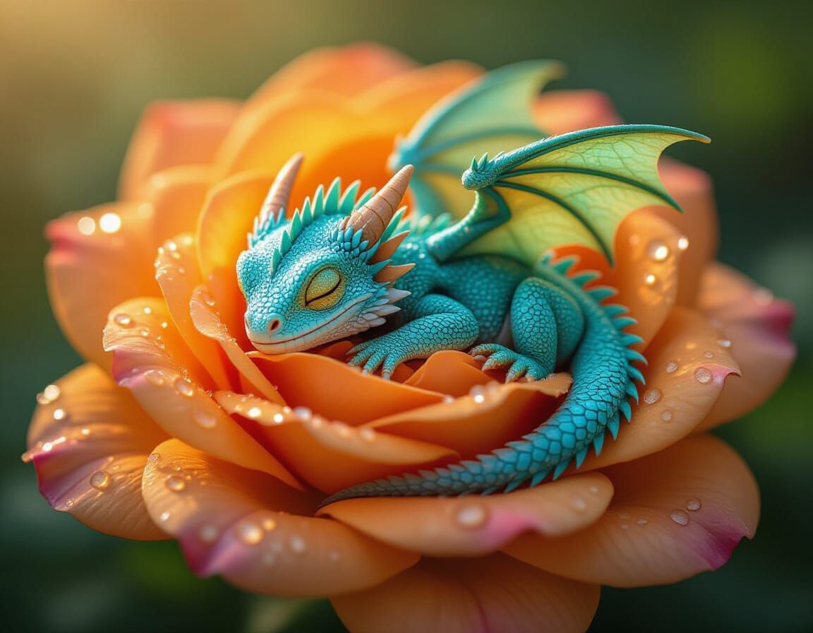 Tiny Turquoise Dragon Sleeping in Rose, Macro Photography