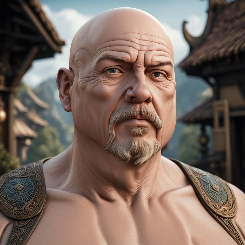 Hyperrealistic Portrait of a Bald Man with Goatee