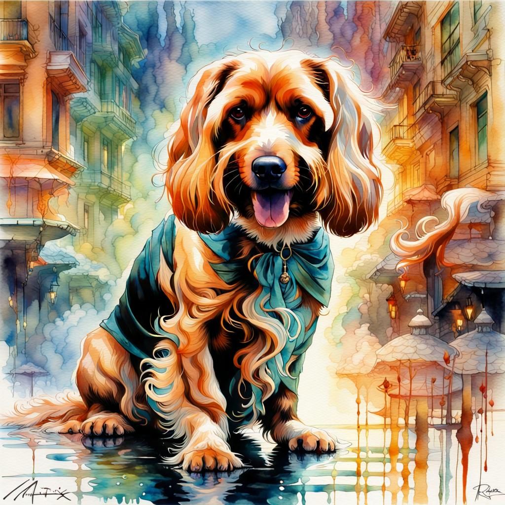 Art Nouveau Watercolor of a Beautiful Dog