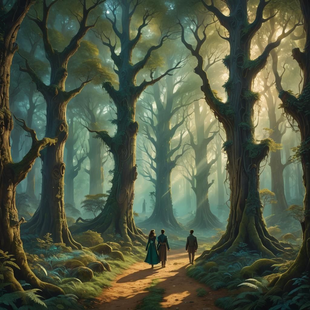 Couple Walking on Glowing Paths in Whimsical Forest